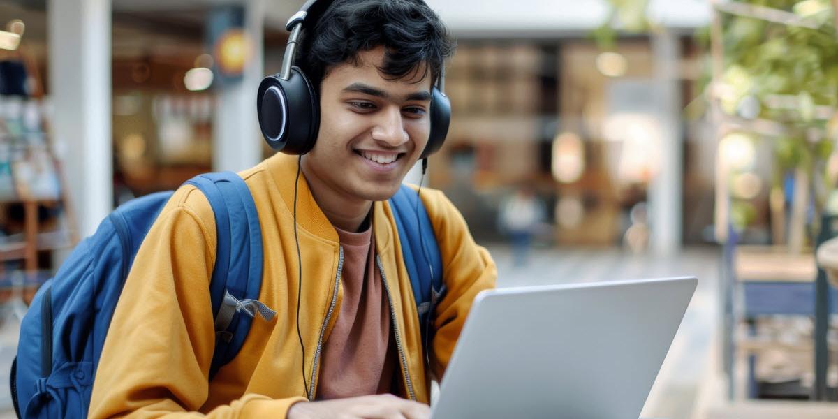 A student wearing headphones attends an online class.