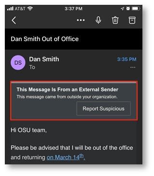 Highlighted This Message is from an External Sender banner in an email on a mobile device with a Report Suspicious button