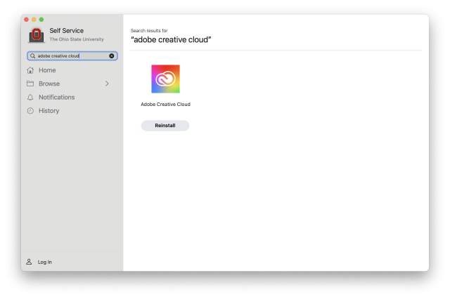 The Self Service app open to a search for Adobe Creative Cloud.