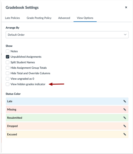 Gradebook settings with hidden grades indicator box pointed to