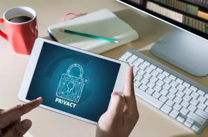 A person holding a tablet with a screen showing a digital lock labeled 'privacy'<null>